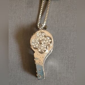 Silver Crystal Flower Key Pendant Necklace - Women's Jewelry